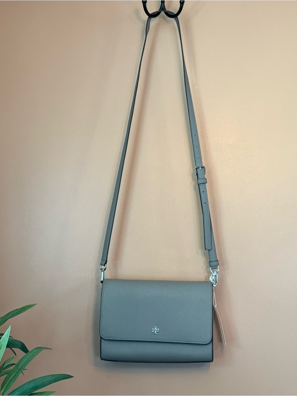 Tory Burch Emerson Combo Crossbody Bag Gray Heron Leather Purse NWT